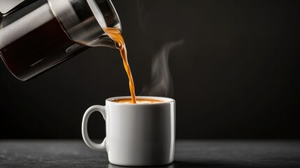 Freshly brewed coffee poured into a white cup, revealing steam and rich color against a dark backdrop.