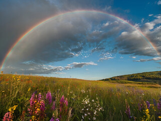 Naklejka premium A clear blue sky with a radiant rainbow curving above a vibrant meadow filled with wildflowers of every color.