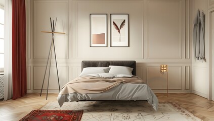 3D rendering minimally designed bedroom with wall art on a blank white canvas mock up.