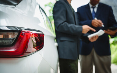 Two Asian individuals discuss a car insurance claim with an agent in front of a damaged vehicle....