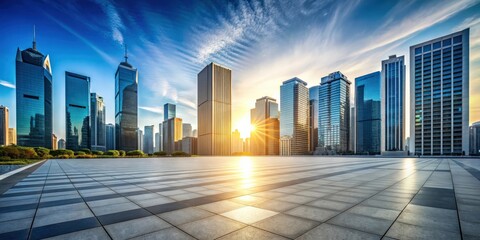 Modern square and skyscrapers illuminated by sunbeam, urban, cityscape, architecture, buildings, sunset, contemporary