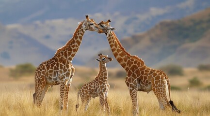 Fototapeta premium Giraffe Family in Serengeti: Adult Pair with Baby Giraffe in African Savanna