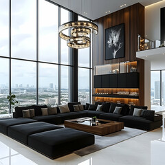 Modern Luxury Living Room with Panoramic City View and Chandelier