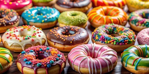 Assorted glazed donuts with colorful icing and sprinkles , donuts, top view, glazed, assorted, colorful, icing, sprinkles