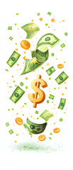 Colorful depiction of floating dollar bills and coins surrounding a golden dollar sign, representing wealth, prosperity, and financial success.