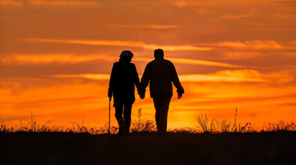 Fototapeta premium Silhouette of Elderly Couple Walking Hand in Hand at Sunset, Symbolizing Love and Companionship in Old Age