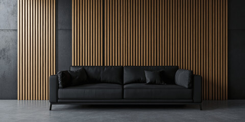 Minimalist Modern Living Room with Black Sofa and Wooden Paneling Wall