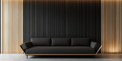 Minimalist Modern Living Room with Black Sofa and Wooden Paneling Wall