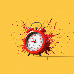 Red alarm clock with paint splatter on yellow background. Concept of time explosion and creativity. Minimalistic, modern design for artistic projects.