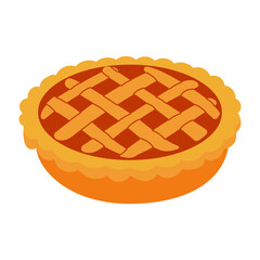 A pie with a lattice crust is shown on a white background. The pie is orange and has a golden crust