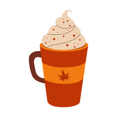 A cup of coffee with a leaf design on it. The coffee is topped with whipped cream. The cup is orange and brown