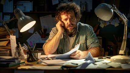 Frustrated writer struggling with writer's block at cluttered desk late at night