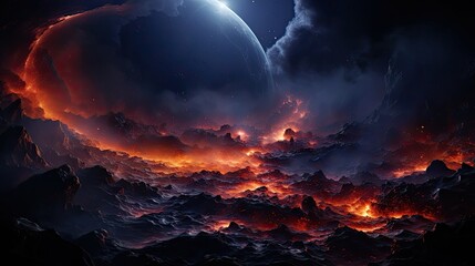 Fiery nebula over a rugged landscape