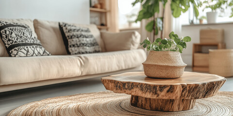 Boho Living Room with Live Edge Coffee Table and Beige Sofa