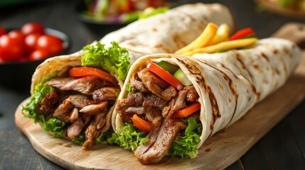 Döner Kebab Doner Kebap fast food meal in flatbread with fries on a wooden board panorama board