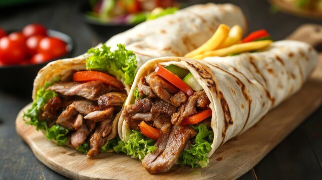 D&ouml;ner Kebab Doner Kebap fast food meal in flatbread with fries on a wooden board panorama board