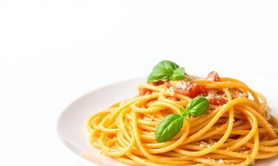 plate of spaghetti close-up white background