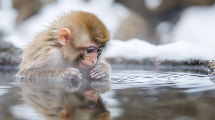 Obraz premium 露天風呂に映る自分を見つめる若い猿
