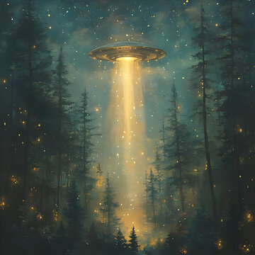 UFO Over Forest Night Sky