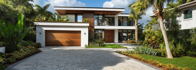 Modern Miami Home with Brick Driveway, Palm Trees, and White-Brown Garage Door