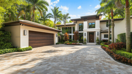 Modern Miami Home with Brick Driveway, Palm Trees, and White-Brown Garage Door