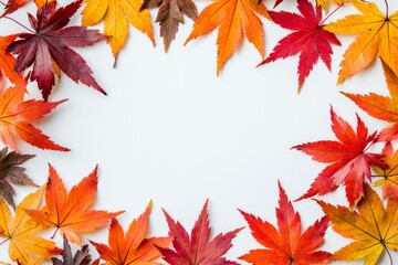 Fototapeta premium Autumn Maple Leaves Flat Lay White Background created with Generative AI