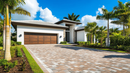 Modern Miami Home with Brick Driveway, Palm Trees, and White-Brown Garage Door