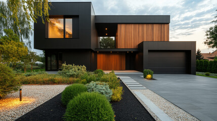 Modern Luxury Minimalist Cubic House with Wooden Cladding and Black Panel Walls 