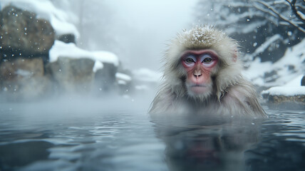 Fototapeta premium 冬の露天風呂でくつろぐ猿