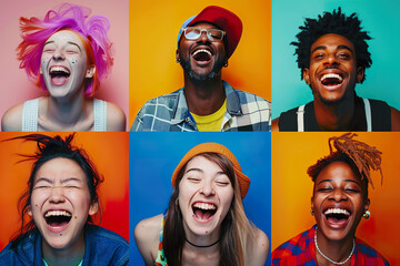 A group of people with different skin tones are smiling and laughing,