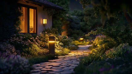 Fototapeta premium Cozy house exterior at deep night, warm glowing landscape lighting, illuminated garden path, stone walkway, lush greenery, atmospheric nighttime scene.