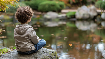 静かな池のほとりで瞑想する少年