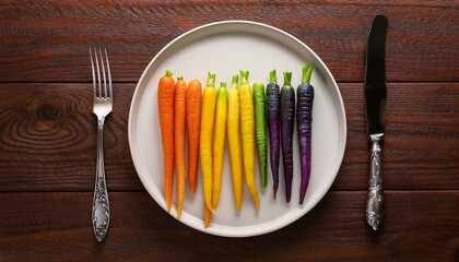 Rainbow carrots on plate, cutlery on wooden table, top view