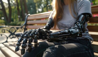 Fototapeta premium Woman with prosthetic arm sits on a park bench