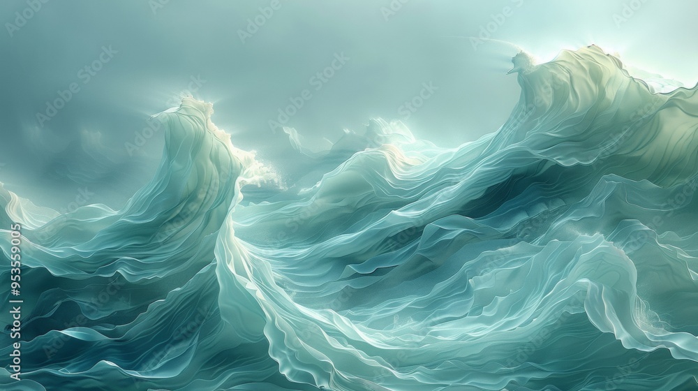 Poster an abstract image of gentle waves in soft hues of blue and green, representing calming rhythms