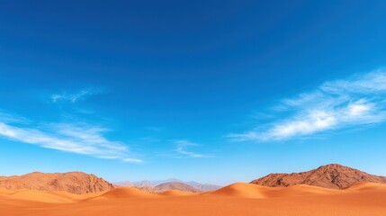 Naklejka premium Vast desert landscape with golden sand dunes under a clear blue sky and wispy clouds, creating a serene and picturesque view.