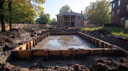 Construction site showing foundation footings and columns, with concrete being poured and set.