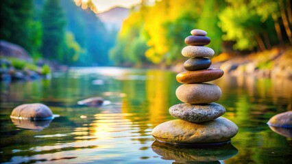 Obraz premium Balancing stones on top of each other in a tranquil natural setting , zen, balance, harmony, meditation, relaxation