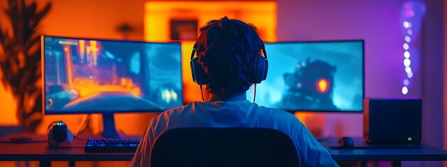 A gamer with headphones sits in front of a computer, playing a game. The gamer is surrounded by multiple monitors displaying various games and futuristic technology elements