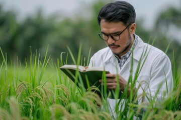Agricultural Scientist Reading in Rice Field  Research and Development in Sustainable Farming