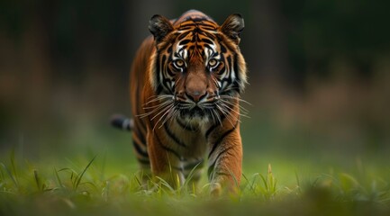 Tiger walking across lush green field