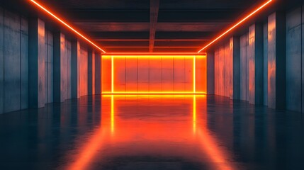 Fototapeta premium Minimalist neon installation, horizontal orange light bar, dark reflective floor, futuristic aesthetic, sci-fi atmosphere, sleek design, cyberpunk inspired, moody ambiance.