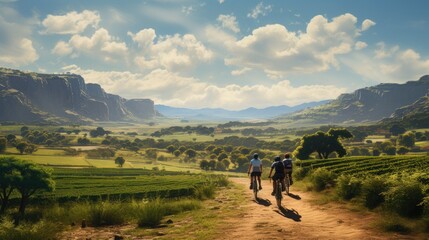 A group of cyclists ride along an earthen road along the vineyards