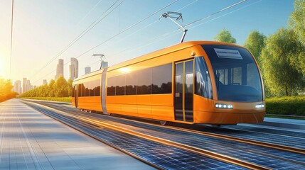 Naklejka premium A vibrant orange tram traveling on tracks with a modern city skyline in the background, showcasing urban transportation.