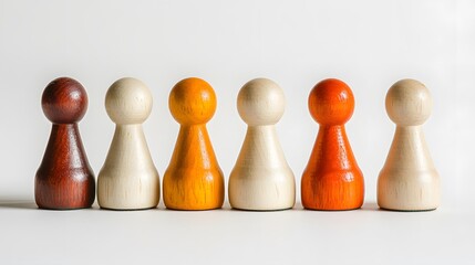 Minimalist wooden figures, orange and red pawns, bright white background, clean composition, conceptual photography, simple shapes, vibrant colors, soft shadows.