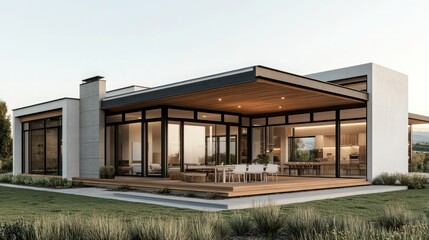Fototapeta premium Modern house with large windows, open layout, and a green landscape, ideal for showcasing contemporary architecture.