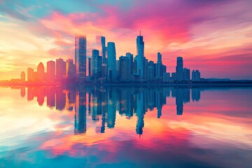 Obraz premium Vibrant city skyline at sunset with colorful reflections on calm water, capturing the serene beauty and dynamic energy of urban life.