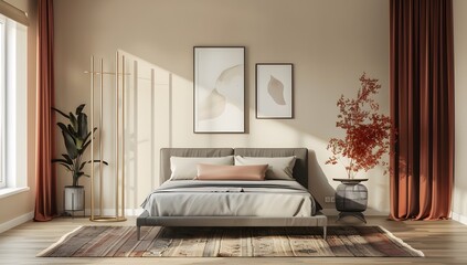 3D rendering minimally designed bedroom with wall art on a blank white canvas mockup.