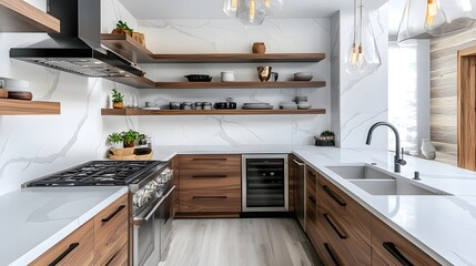 Modern Kitchen with White Marble Countertops and Walnut Cabinets