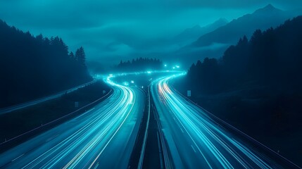 Teal light trails, high-speed highway, long exposure night photography, futuristic transportation, glowing cyan streaks, mountain silhouettes, twilight sky, motion blur, dynamic energy.